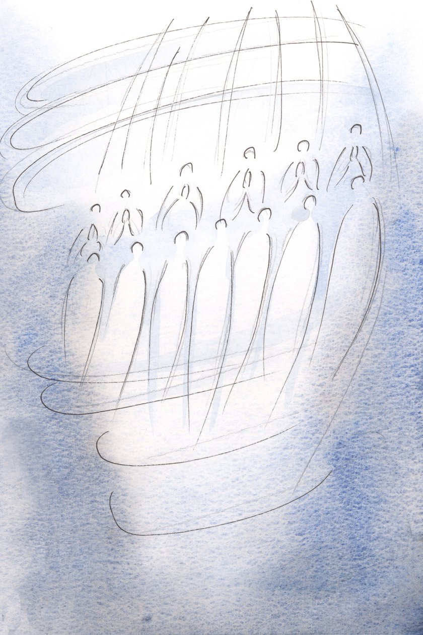 Anjos cercaram o santuário, orando sob a luz do Céu., 2001 (w - c no papel) de Elizabeth Wang