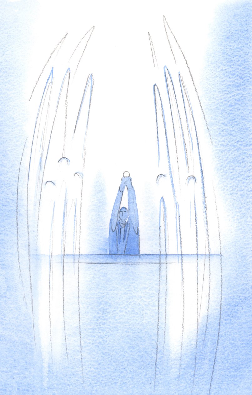 Os anjos cercam Cristo quando Ele aparece, escondido na Hóstia, entre nós; cada ato de fé que oferecemos nos aproxima do Céu, 2002 (w - c no papel) de Elizabeth Wang