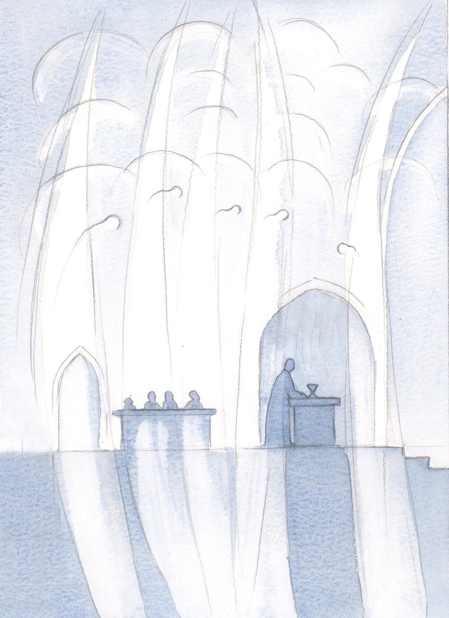 Anjos cercaram nosso padre e o altar, com Cristo Realmente Presente, 2000 (w - c no papel) de Elizabeth Wang