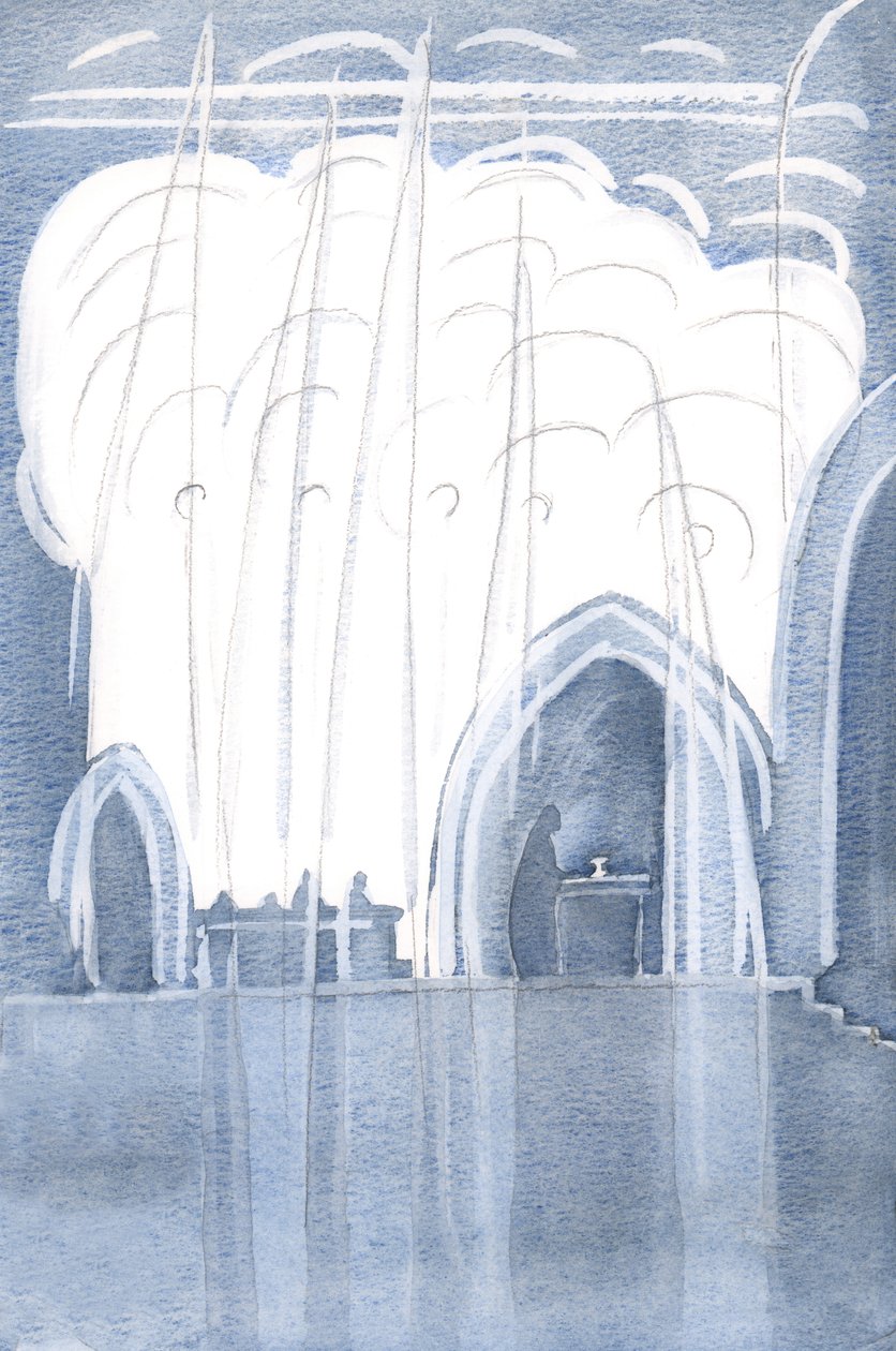 Anjos cercaram nosso padre e o altar, com Cristo Realmente Presente, 2000 (w - c no papel) de Elizabeth Wang