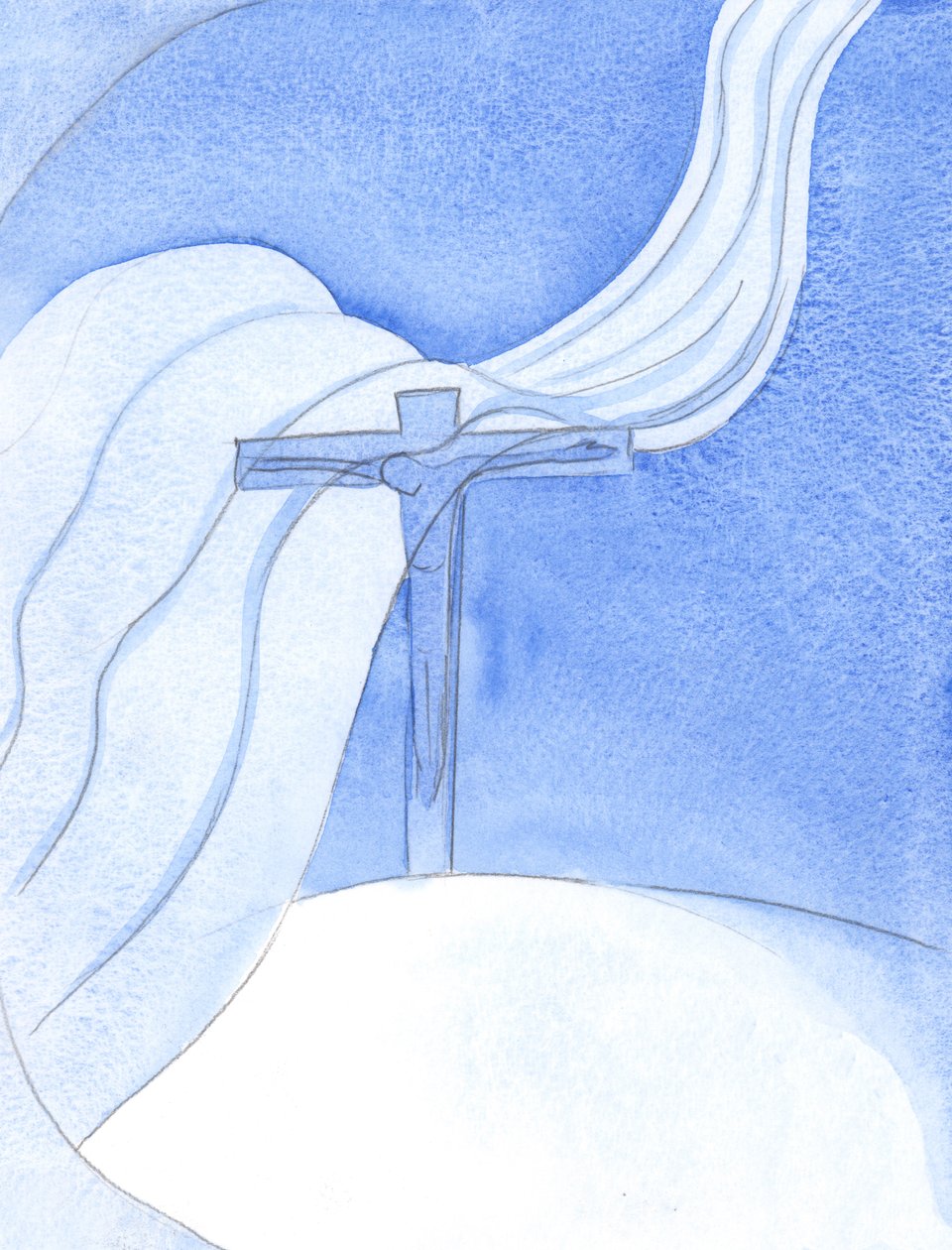 Enquanto Cristo derrama Seu Sangue em uma Nova Aliança, um grande vento malévolo sopra sobre a Cruz, ameaçando e destruindo, 2001 (w - c no papel) de Elizabeth Wang