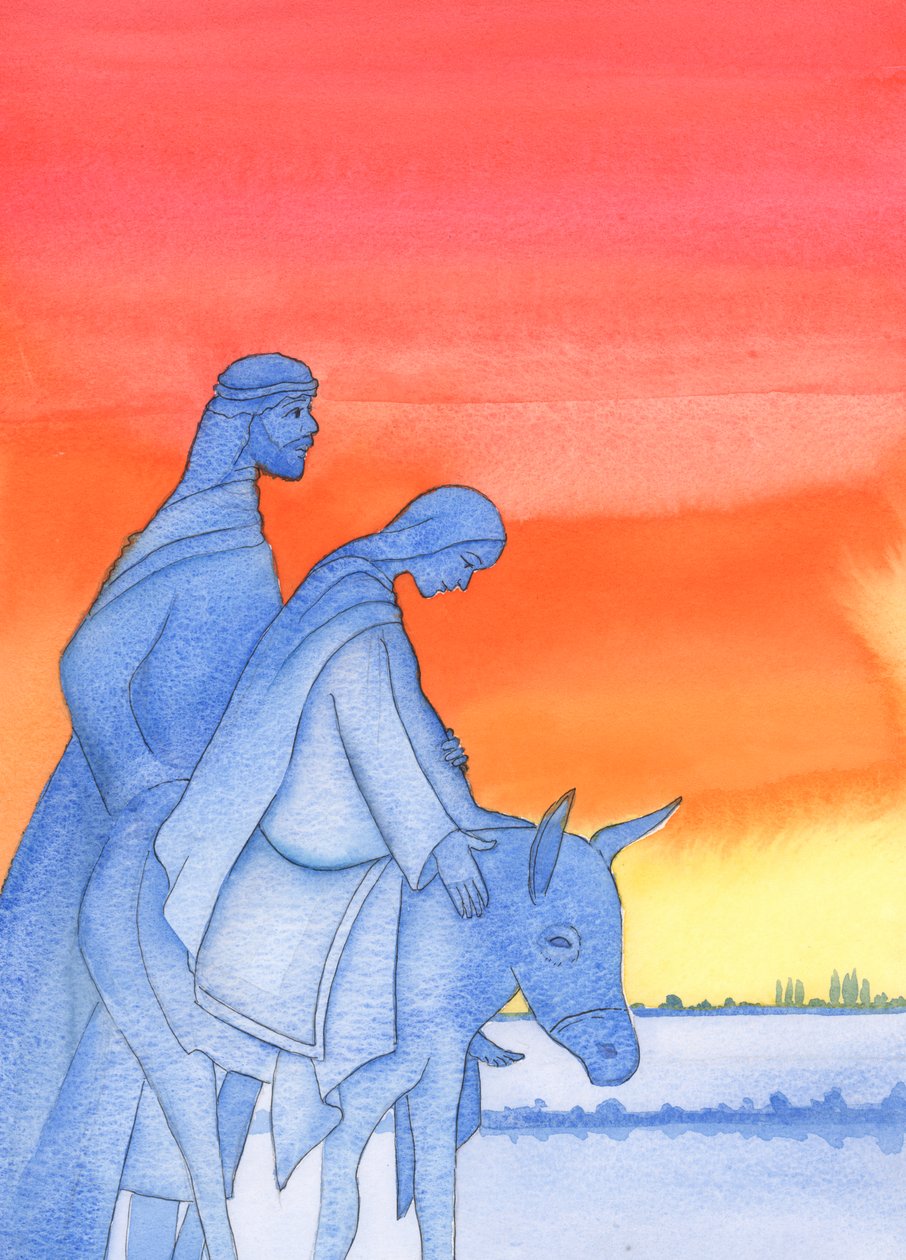 Enquanto Maria viajava para Belém, ela era como o Filho que ela geraria, semelhante a Ele em humildade, amor, confiança e obediência, 2003 (w - c no papel) de Elizabeth Wang