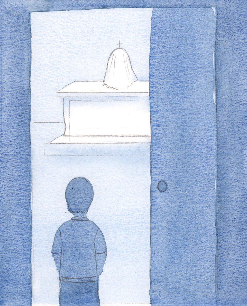 Quando criança, e não católica, lembro-me de alguém que me permitiu entrar numa capela e ver o tabernáculo, 2000 (w - c no papel) de Elizabeth Wang