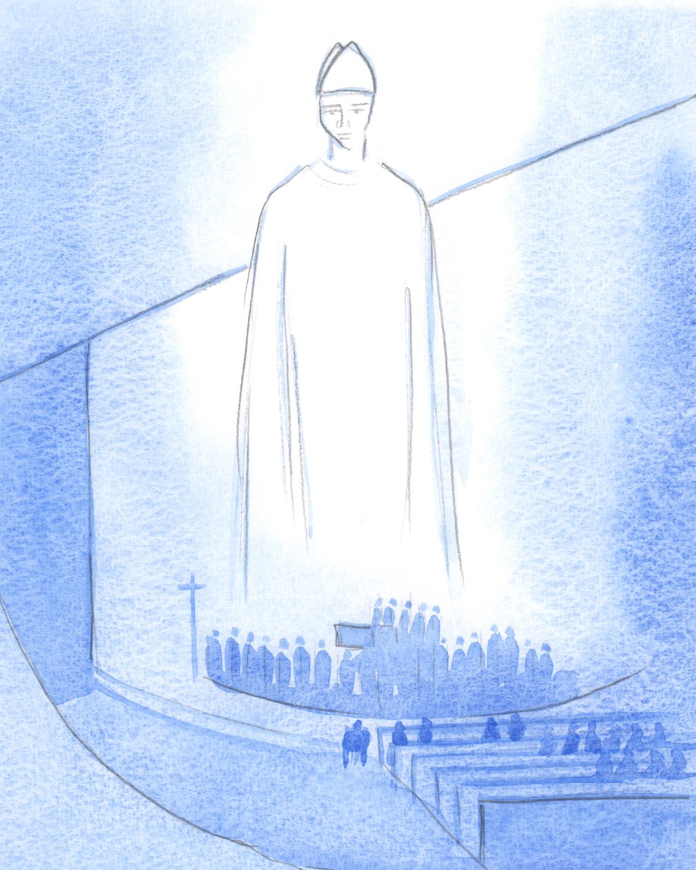 Enquanto as mãos de um novo sacerdote eram ungidas ("Que Jesus te proteja"), Cristo, vestido como nosso Bispo, estava no santuário, 2001 (w - c no papel) de Elizabeth Wang