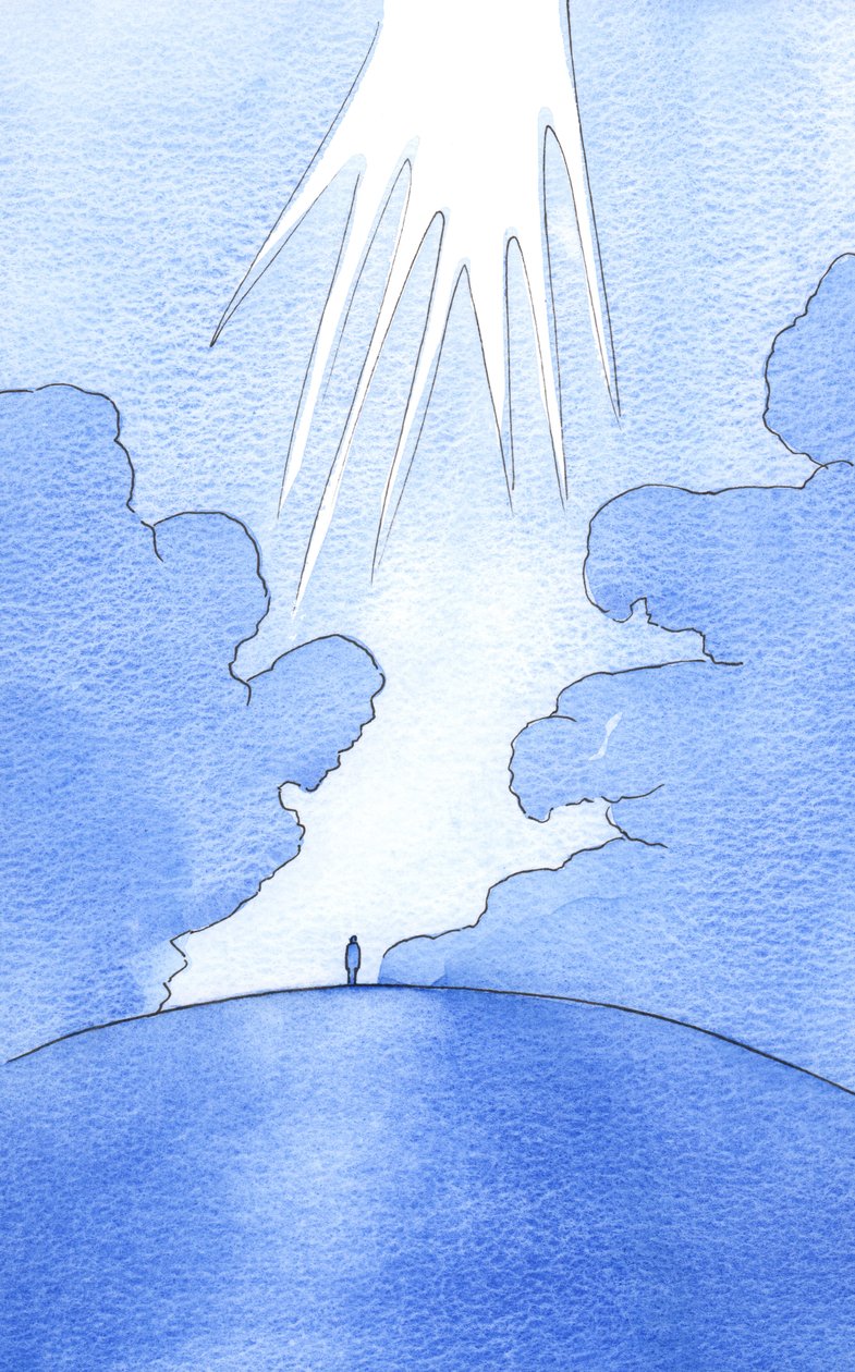 Como apenas uma força poderosa pode afastar as nuvens acima da terra, apenas a oração contemplativa poderosa abre um &39;caminho&39; para a Luz Divina brilhar sobre as pessoas necessitadas, 2002 (w - c no papel) de Elizabeth Wang