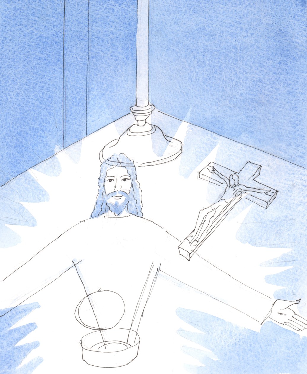 Assim que a píxide foi aberta, e eu adorei Jesus, Realmente Presente na Hóstia Sagrada, foi-me mostrado a visão alegre do próprio Jesus, estendendo os braços para me cumprimentar., 2004 (c - c no papel) de Elizabeth Wang