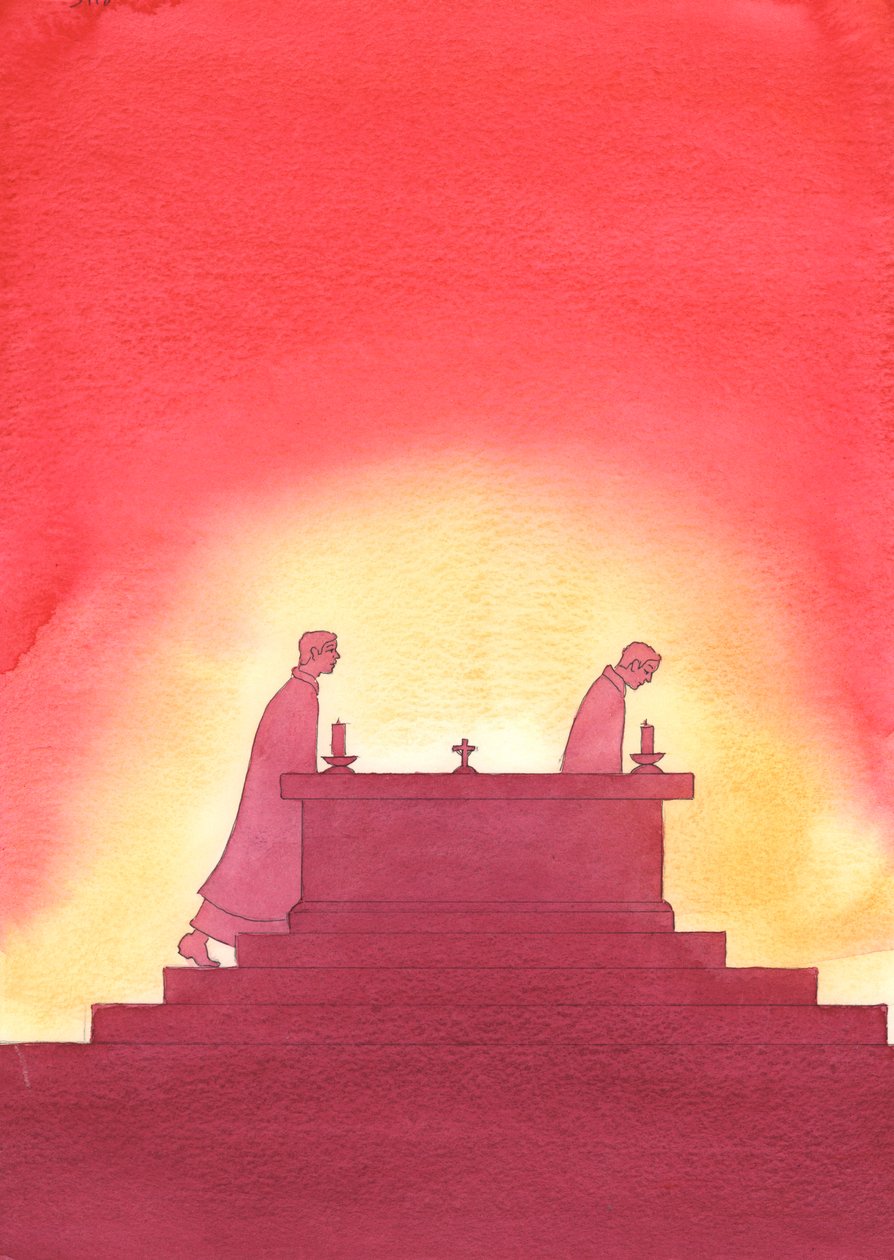Com o passar dos anos, um sacerdote sai do altar e outro segue seus passos para oferecer o Santo Sacrifício, 2003 (w - c no papel) de Elizabeth Wang