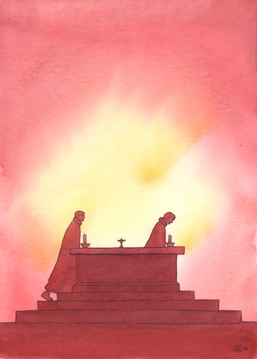 Com o passar dos anos, um sacerdote sai do altar e outro segue seus passos para oferecer o Santo Sacrifício, 2003 (w - c no papel) de Elizabeth Wang