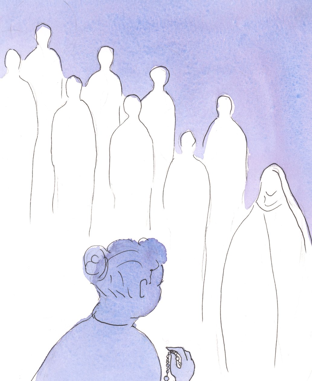 Enquanto rezamos o Rosário, os Santos se unem na primeira metade da &39;Ave Maria&39;, rezando conosco para honrar Nossa Senhora e glorificar seu filho, Jesus., 2004 (c - c no papel) de Elizabeth Wang