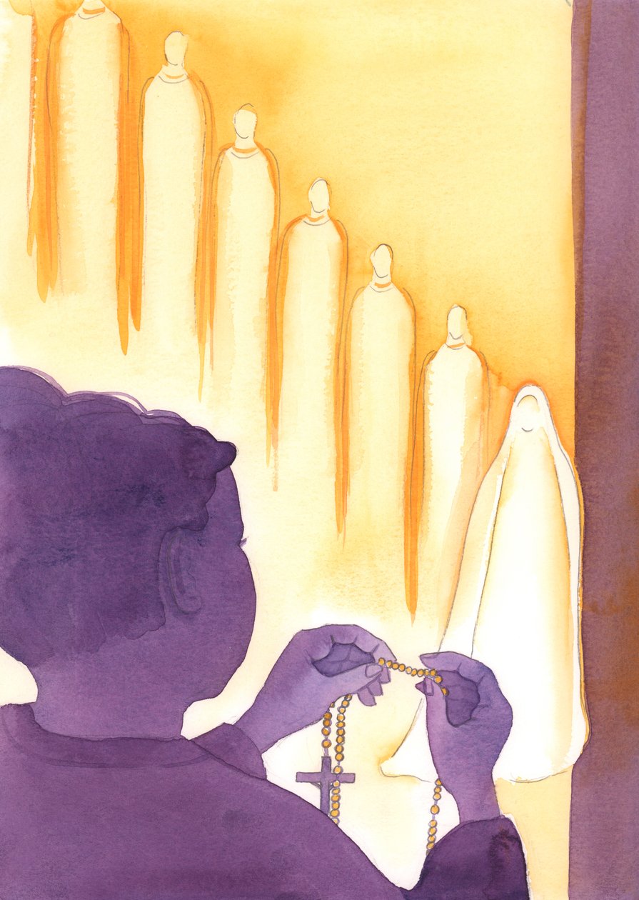 Enquanto rezamos o Rosário, os Santos se unem na primeira metade da &39;Ave Maria&39;, rezando conosco para honrar Nossa Senhora e glorificar seu filho, Jesus., 2004 (c - c no papel) de Elizabeth Wang