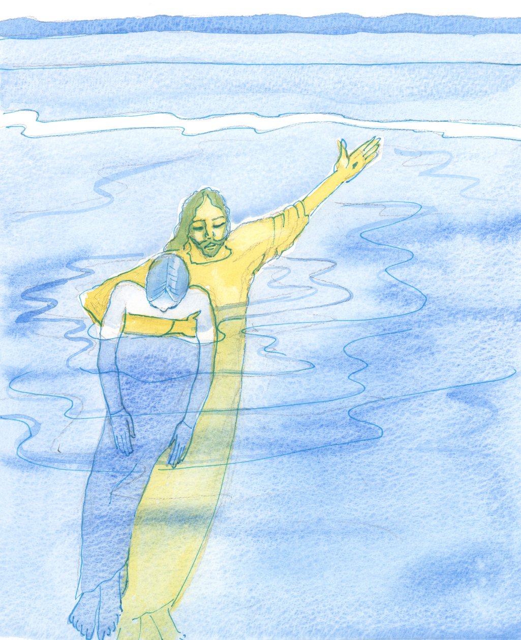 Enquanto lutamos com problemas graves, determinados a permanecer fiéis a Cristo, Ele está muito perto, segurando nos braços cada amigo querido, como um salva-vidas segura um nadador exausto, 2003 (w - c on pa de Elizabeth Wang