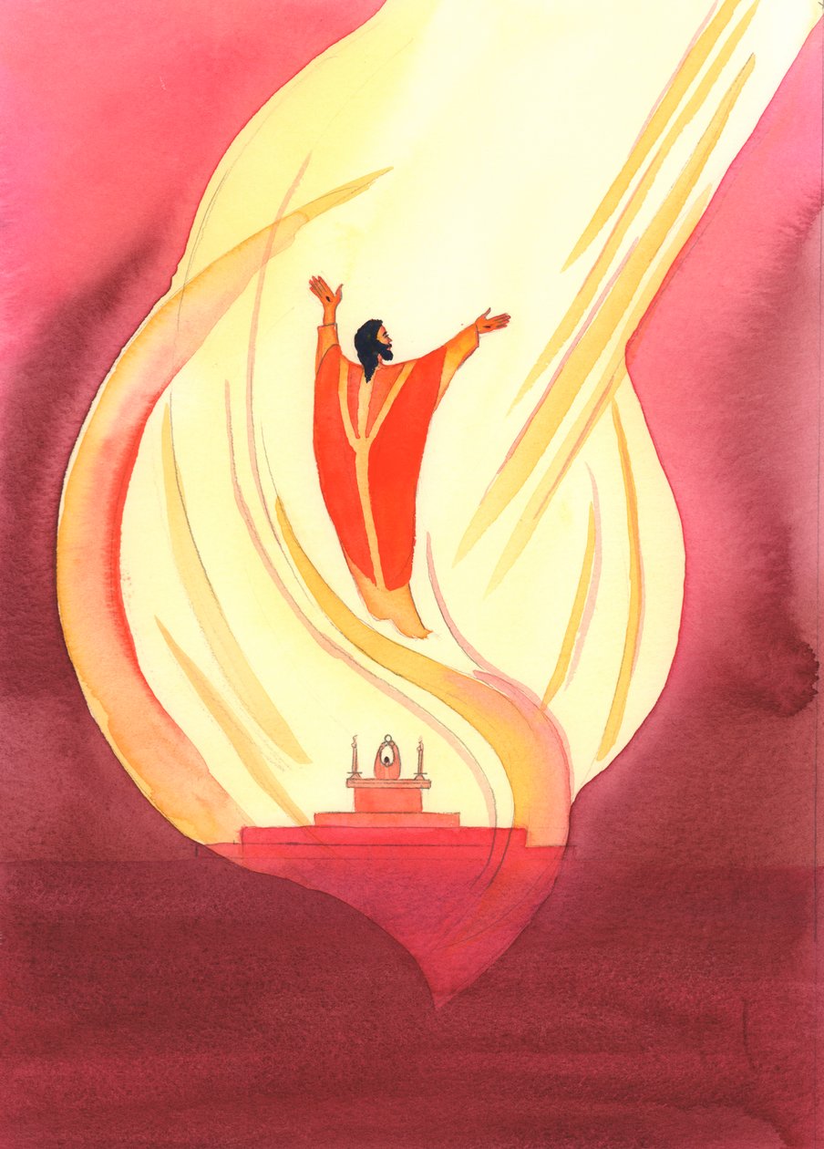 Na missa, mesmo em meio a gritos e ruídos e irreverência, nada pode diminuir a majestade e dignidade do tremendo Sacrifício de Cristo, oferecido ao Pai, no Espírito Santo., 2000 (w - c on de Elizabeth Wang