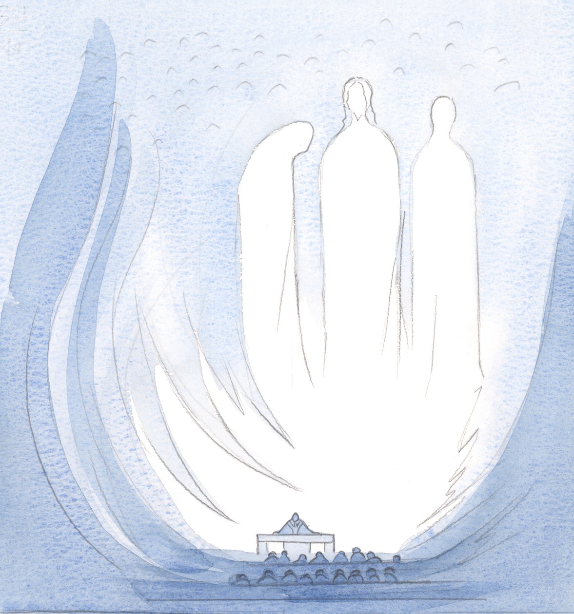 Na missa, minha alma foi elevada à alegria da Santíssima Trindade; Eu estava perto da Santa Mãe de Cristo, perto do véu que esconde o céu da terra, 2000 (w - c no papel) de Elizabeth Wang