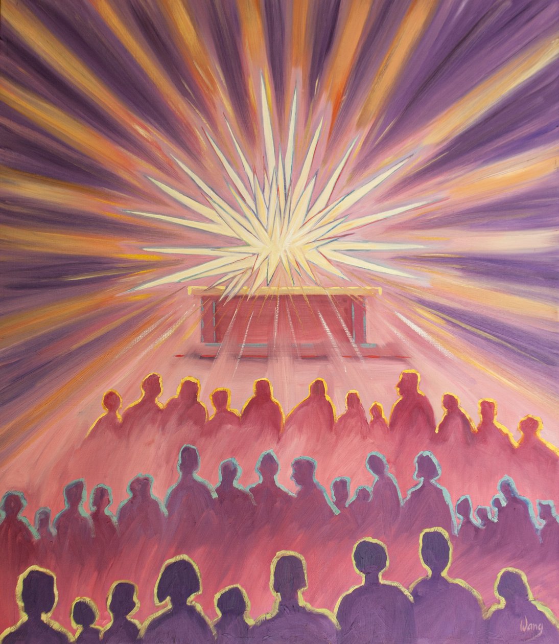 Na Missa, o Amor Divino do Pai envolve Jesus em um fogo branco do Sacrifício, 2000 (óleo a bordo) de Elizabeth Wang