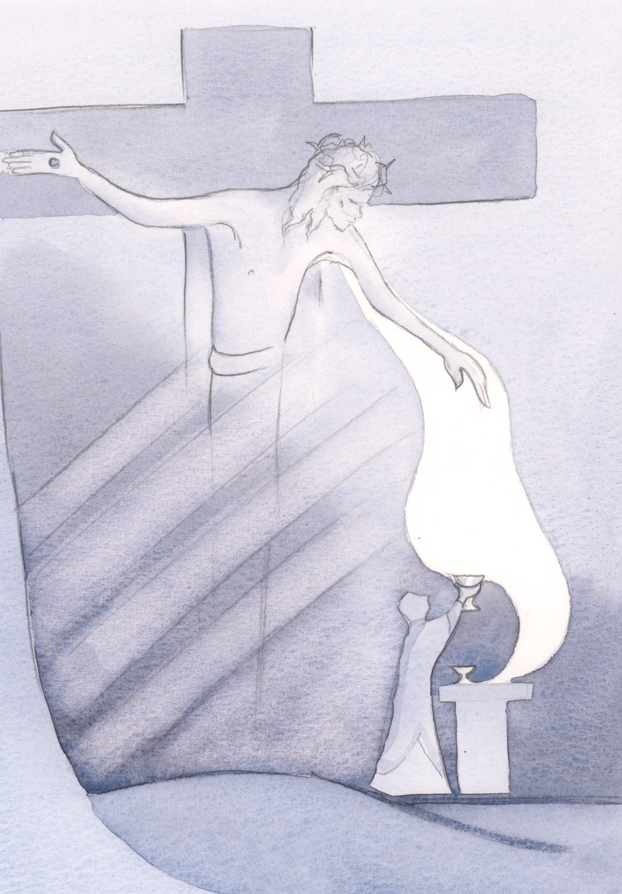 Em cada Missa, o Precioso Sangue de Cristo é derramado da Cruz, para a nossa salvação do pecado, 2000 (w - c no papel) de Elizabeth Wang