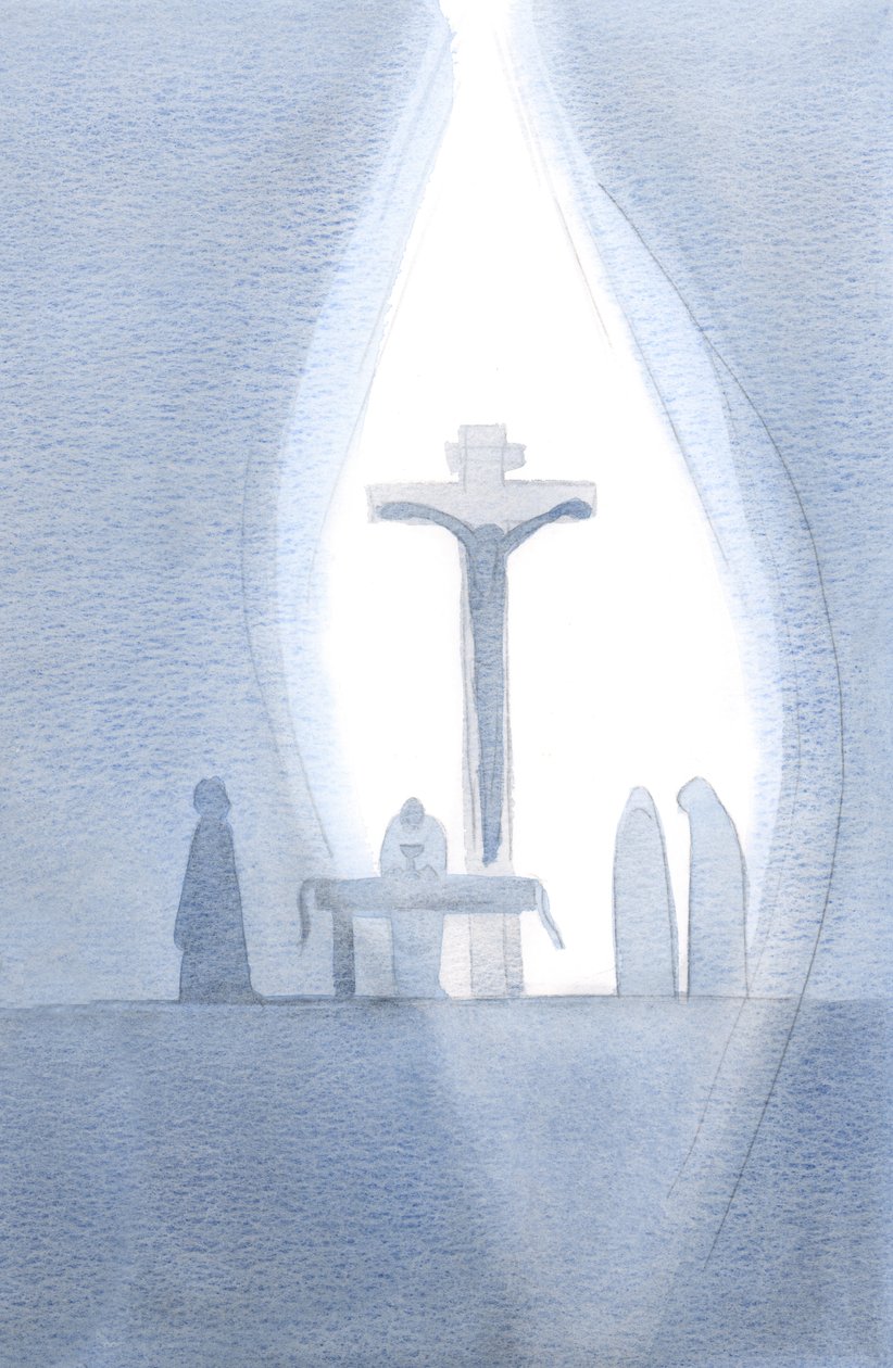 Em cada Missa nos tornamos presentes ao único Sacrifício do Calvário, como se uma cortina se abrisse em nossa presença, 2001 (w - c no papel) de Elizabeth Wang
