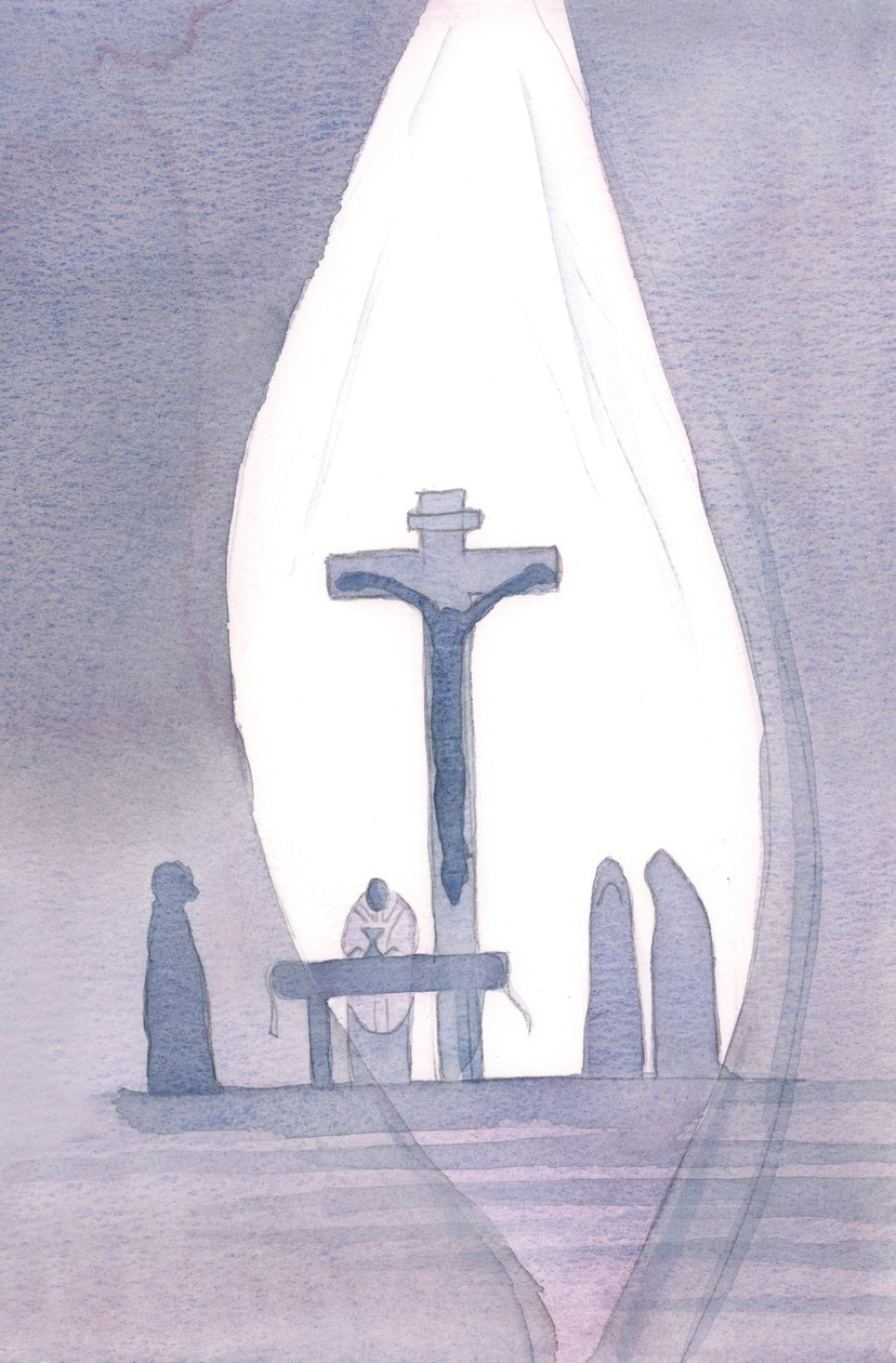 Em cada Missa nos tornamos presentes ao único Sacrifício do Calvário, como se uma cortina se abrisse em nossa presença, 2001 (w - c no papel) de Elizabeth Wang