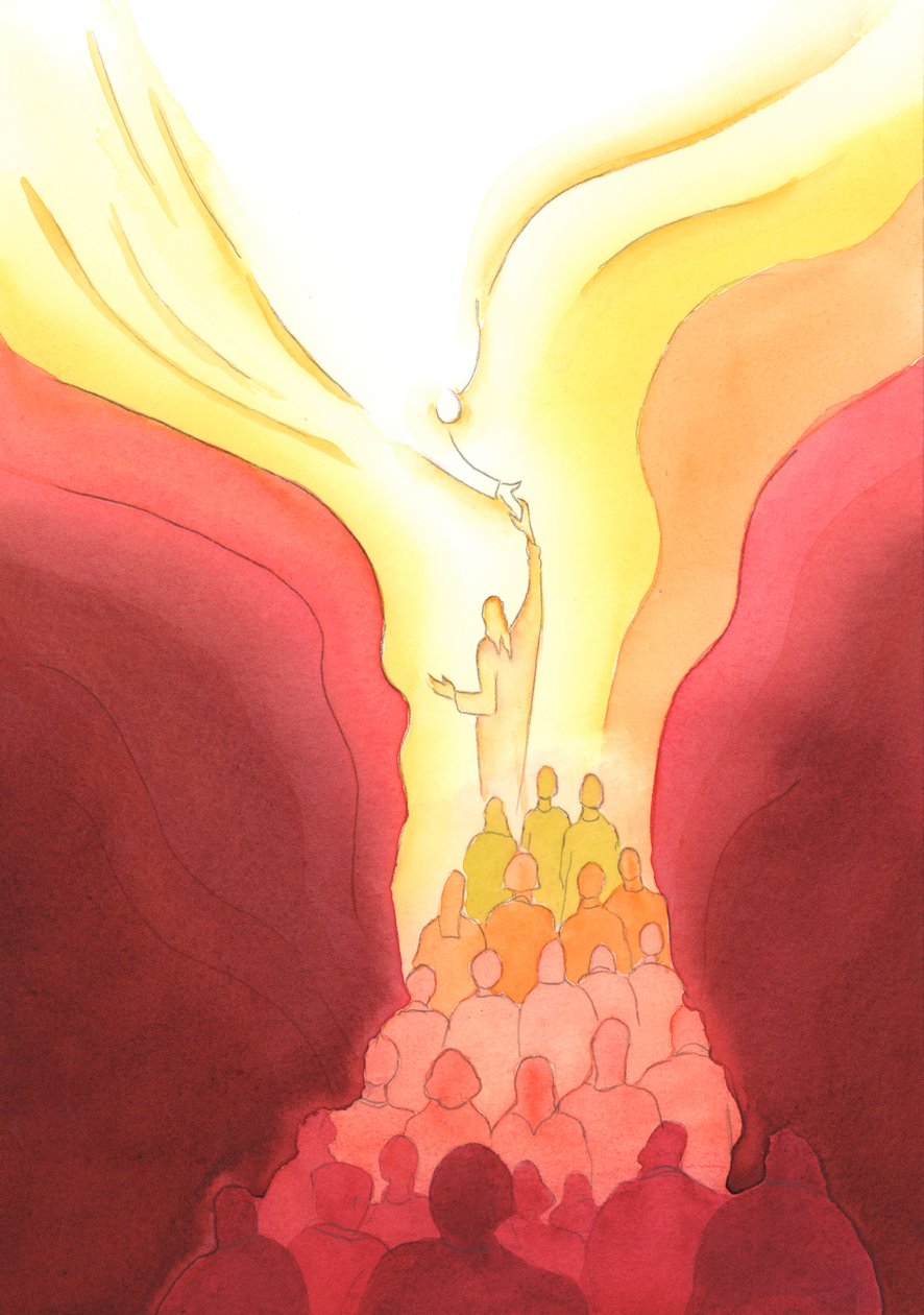 Em cada Missa alcançamos e encontramos o Pai através do Sacrifício de Cristo nossa Cabeça, unidos uns com os outros e com Ele, 2002 (c - c no papel) de Elizabeth Wang