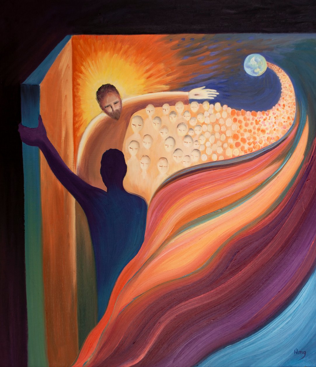 Na Ascensão, Cristo, nosso irmão, voltou ao Pai em triunfo e abriu um caminho para o Céu para nós, 2001 (óleo a bordo) de Elizabeth Wang