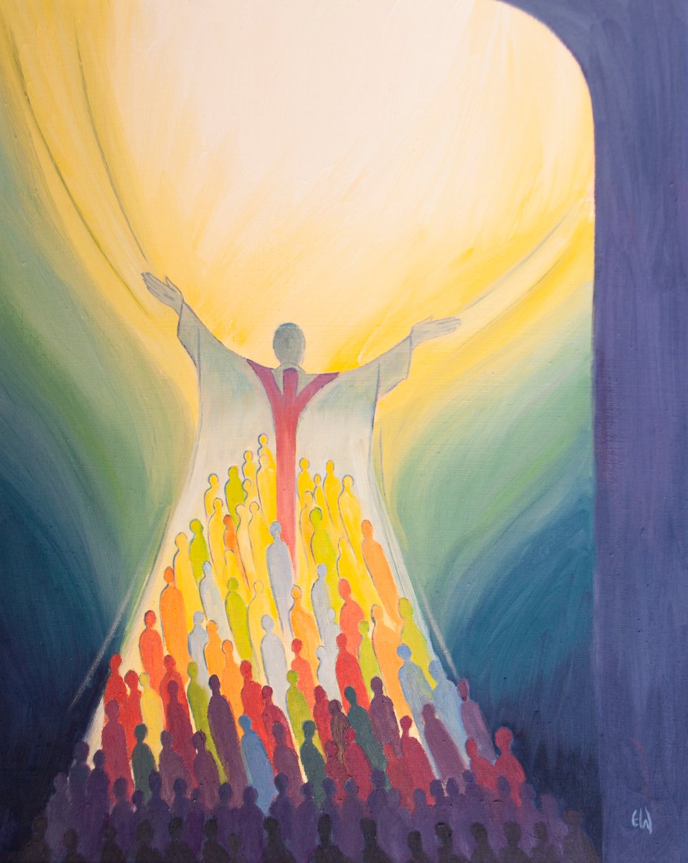 Na missa, se nos unirmos à oferta de Cristo, seremos como joias em seu manto, pois ele olha para o Pai com amor, 2000 (óleo a bordo) de Elizabeth Wang