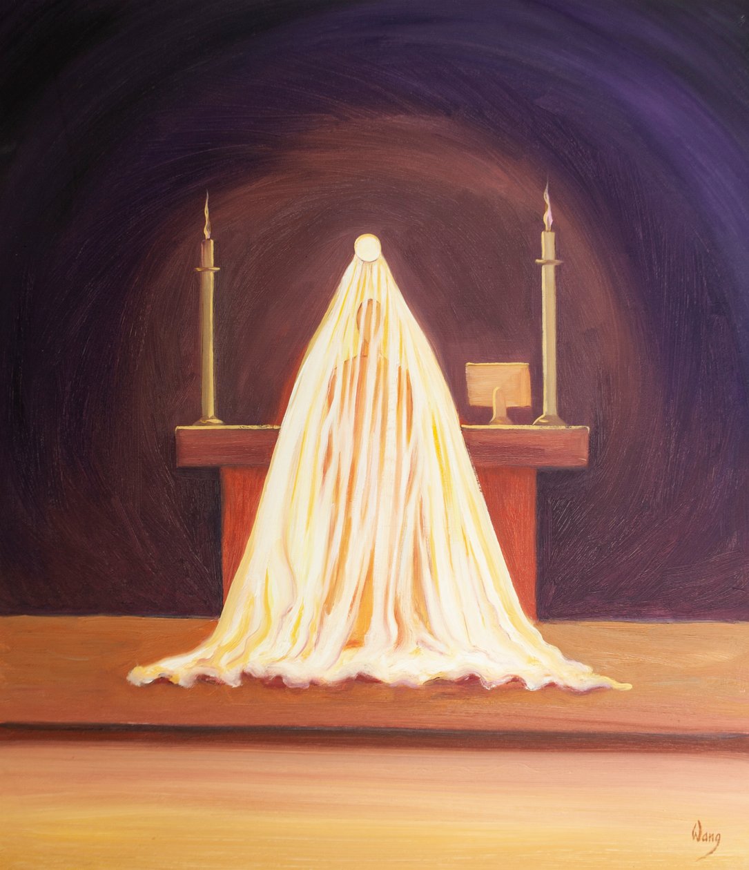 Na consagração, Jesus está presente, amando-nos, embora oculto aos nossos olhos., 2001 (óleo a bordo) de Elizabeth Wang