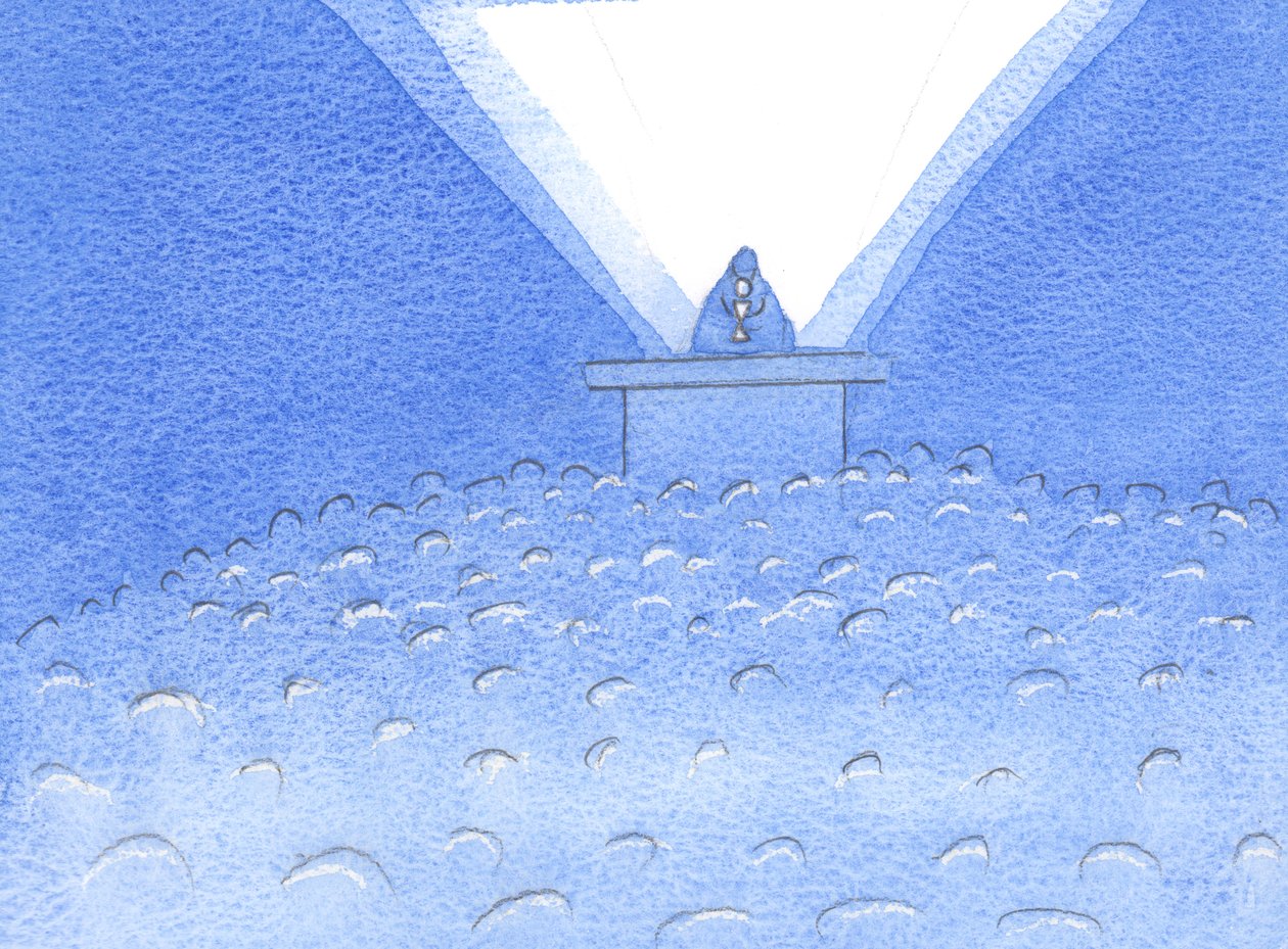 No centro da nossa celebração está a oferta do Santo Sacrifício, através do qual Cristo implora e expia por nós, 2002 (w - c no papel) de Elizabeth Wang