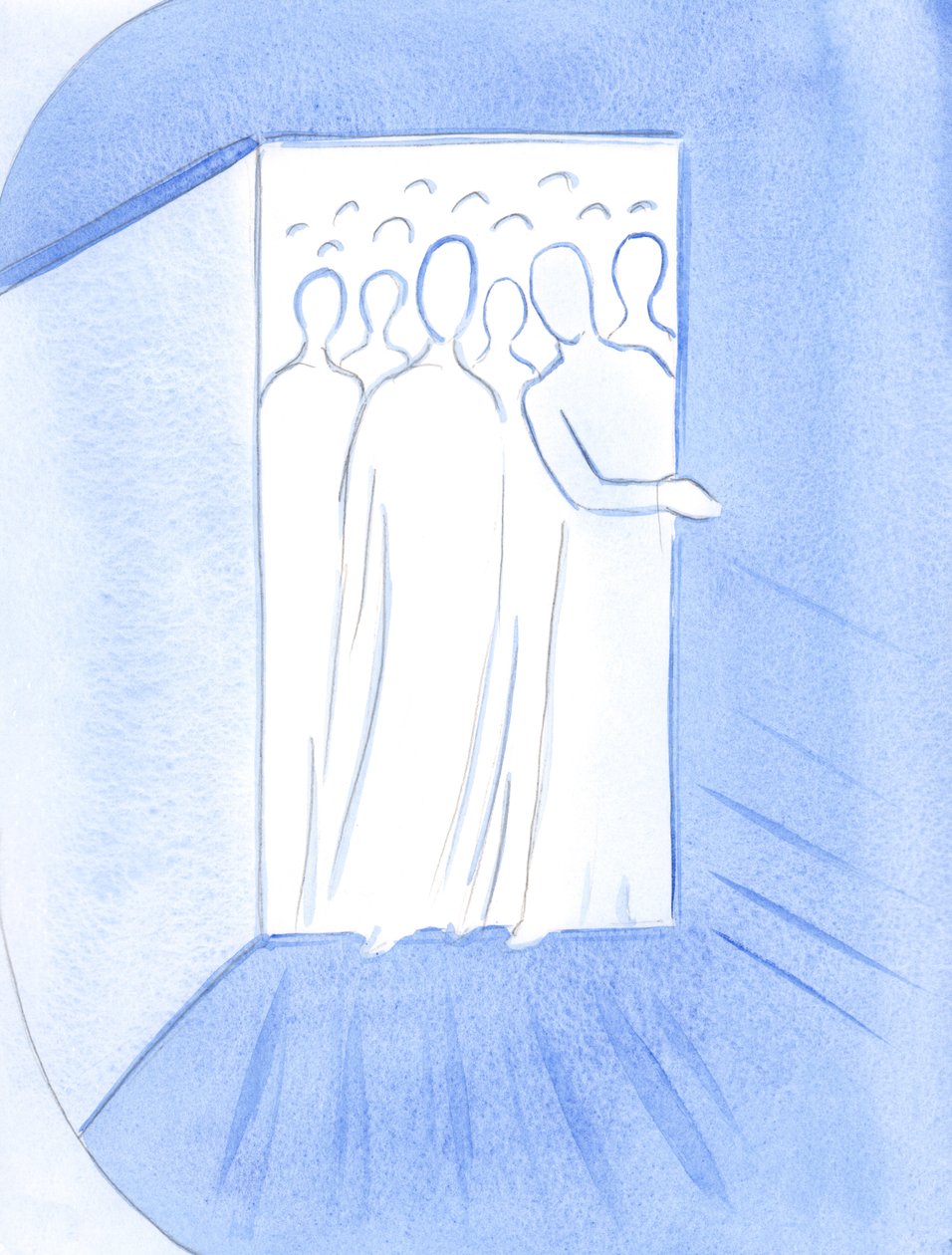 Neste santuário, a porta do Céu foi aberta, a luz do Céu derramada em nossa escuridão e os Santos Santos estavam ansiosos para nos cumprimentar, 2002 (w - c no papel) de Elizabeth Wang