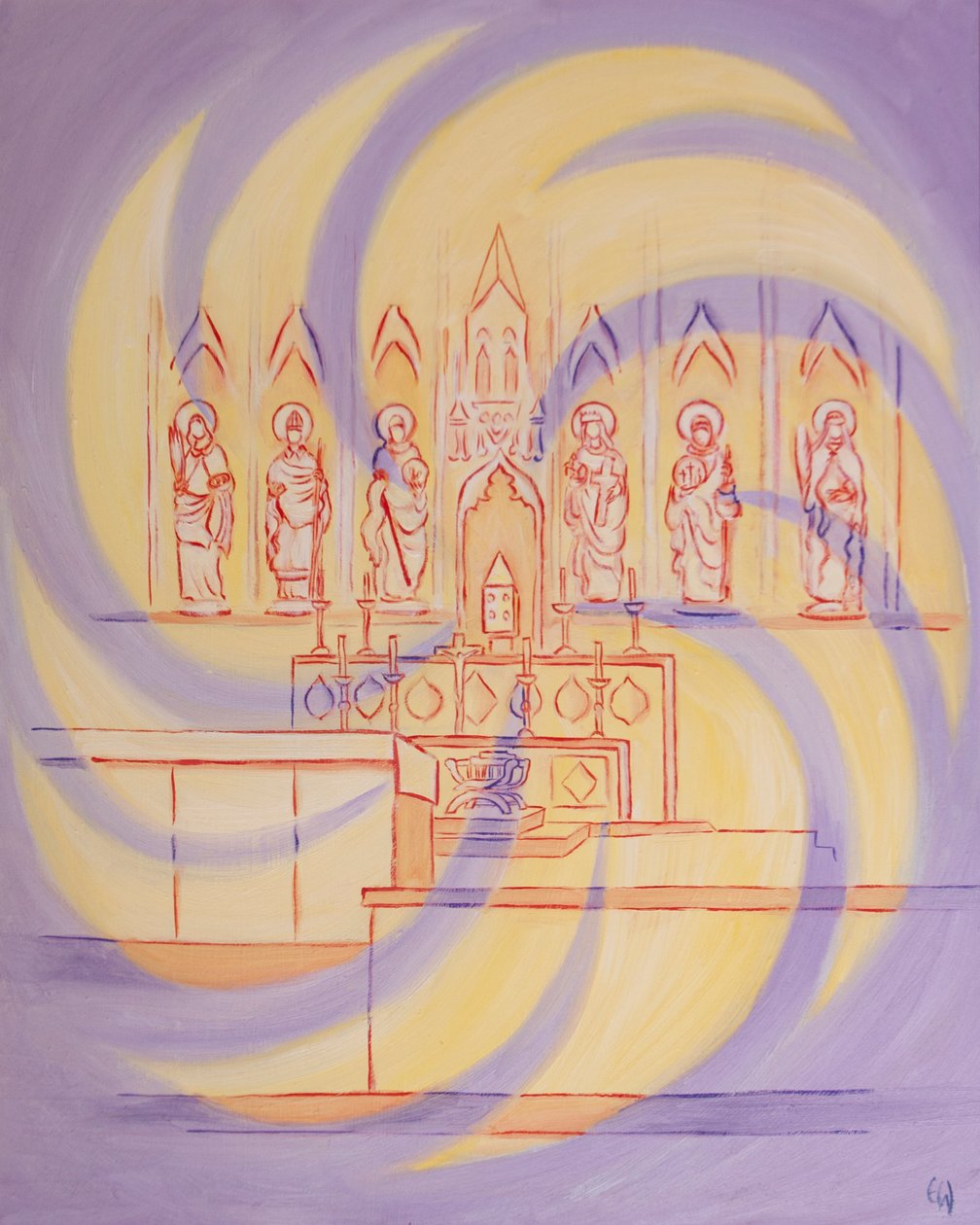 Diante do tabernáculo, estamos na Presença do Deus vivo, cuja glória trina enche a Igreja, 2003 (óleo a bordo) de Elizabeth Wang