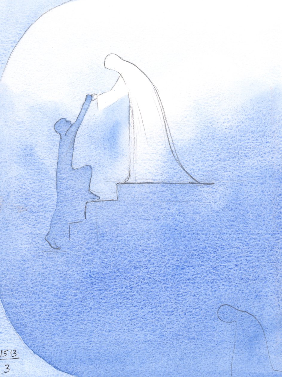Implorando ajuda por uma alma que partiu, vi nossa Santíssima Senhora estender as mãos, inclinando-se sobre a &39;borda&39; do Céu, levando-o à glória., 2001 (w - c no papel) de Elizabeth Wang