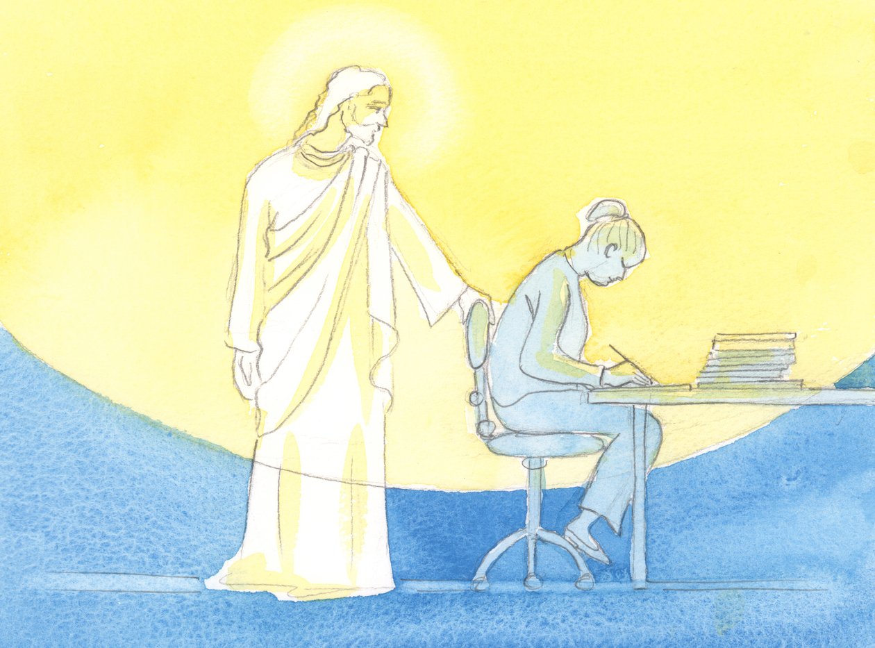 Pela graça de Deus, cada dia pode ser passado na companhia de Cristo, como se estivéssemos no meio do caminho para o céu, ao longo de cada momento de trabalho e oração, 2002 (w - c no papel) de Elizabeth Wang