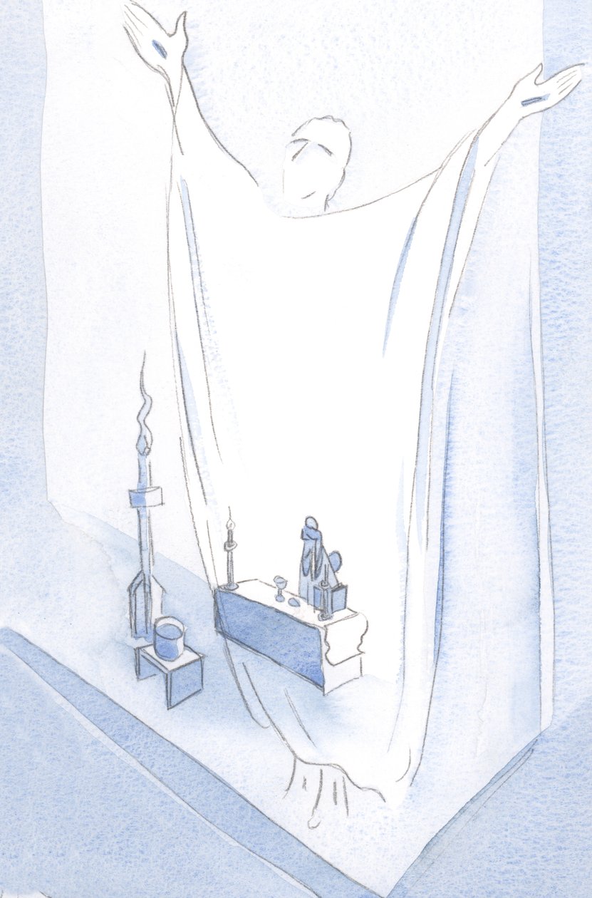 “Pelas Suas Santas e Gloriosas Chagas”. Na Missa da Vigília Pascal, ofereci a única oração verdadeiramente perfeita: a oração do próprio Cristo, no altar., 2001 (w - c no papel) de Elizabeth Wang