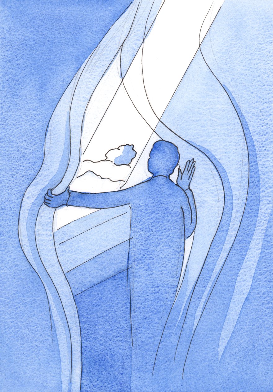 Por nossas orações fervorosas a Nossa Senhora, é como se afastássemos os fios das trevas, para deixar a luz do Céu brilhar sobre os necessitados, 2002 (w - c no papel) de Elizabeth Wang