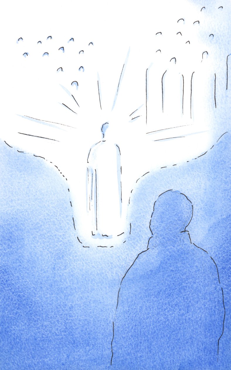 Pela oração, somos levados muito perto dos santos do céu, como se o chão do céu descesse. Todos os nossos atos de fé nos levam ainda mais perto, 2002 (w - c no papel) de Elizabeth Wang