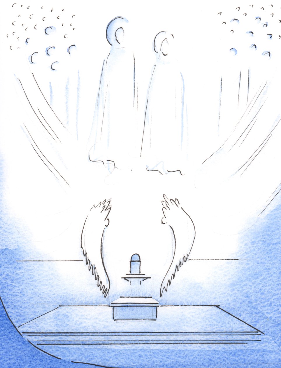 Por representações, em nossos santuários, de realidades celestiais, as pessoas acham mais fácil orar: corações e mentes são elevados a Deus, 2003 (w - c no papel) de Elizabeth Wang