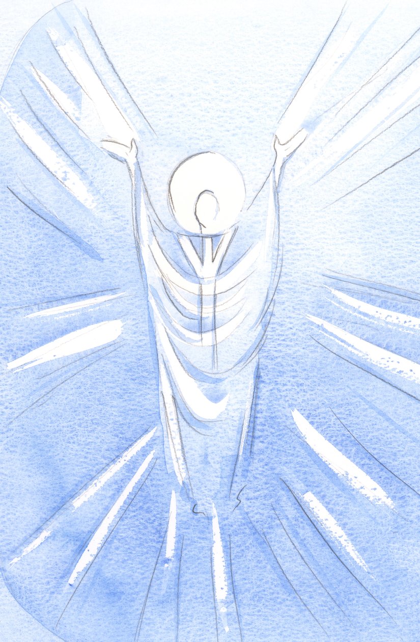 Cristo ressuscitado e glorioso está realmente presente no Santíssimo Sacramento. Com túnica de padre, Ele ora ao Pai de nosso nome, 2001 (w - c no papel) de Elizabeth Wang