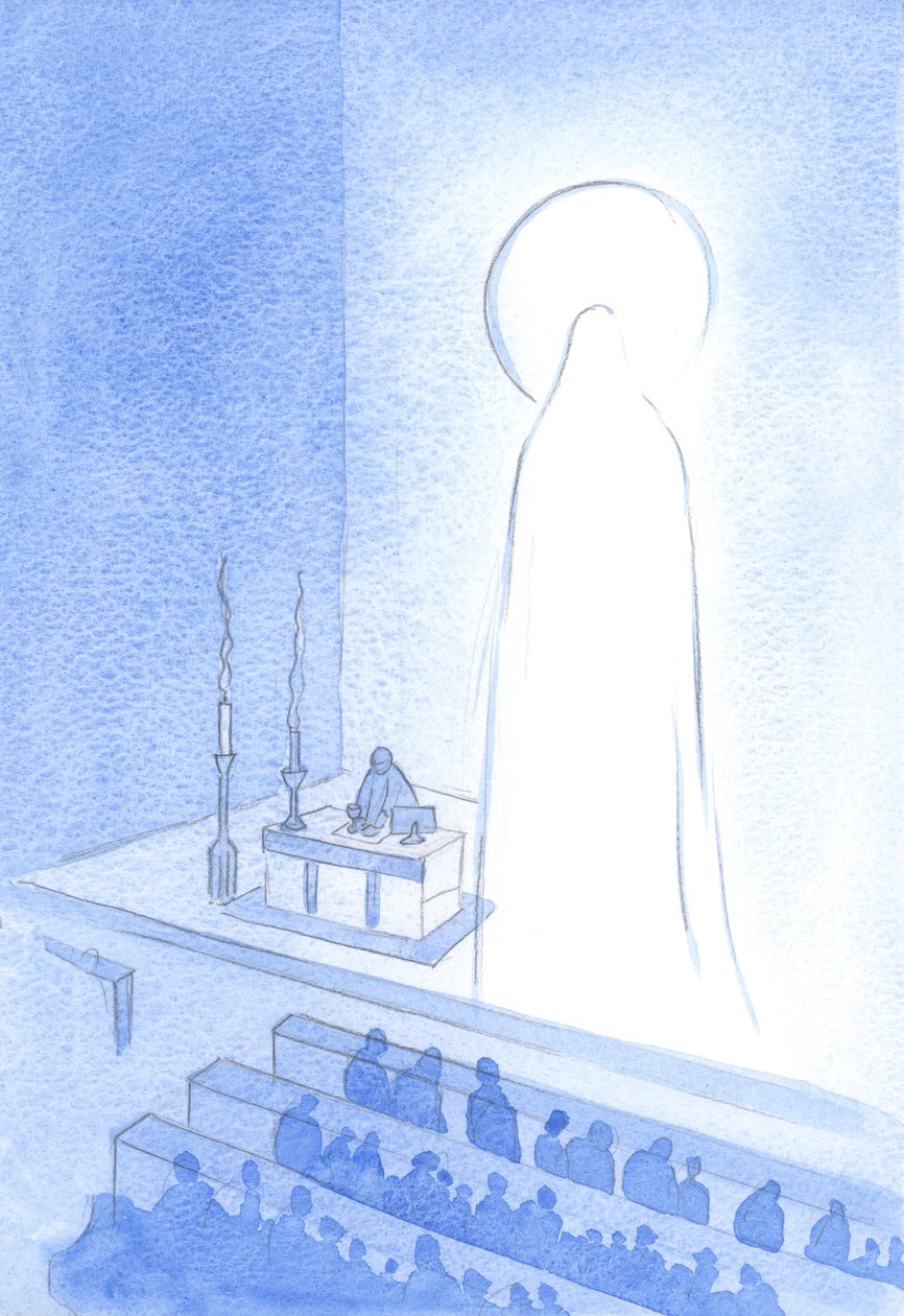 Cristo e Sua Santa Mãe estão vivos, no Céu agora, gloriosos. Ser assim glorificado é ser majestoso e perfeito em todos os sentidos, 2001 (w - c no papel) de Elizabeth Wang