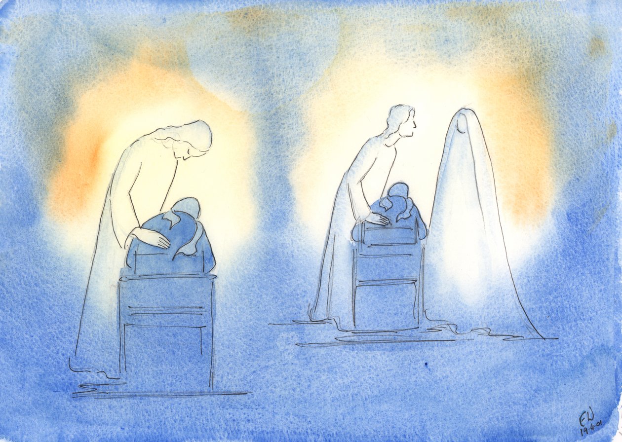 Cristo e sua mãe ficam satisfeitos sempre que nos dirigimos a eles com a simplicidade e a confiança de uma criança, 2003 (w - c no papel) de Elizabeth Wang