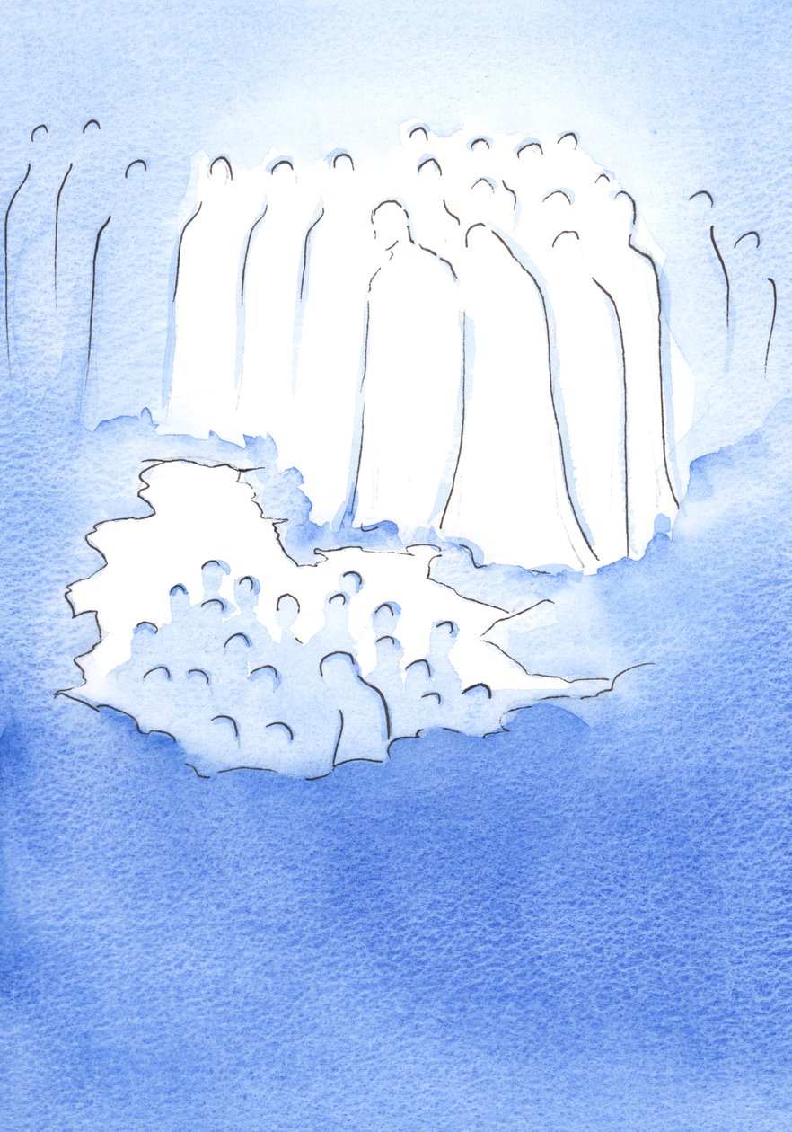 Cristo e os seus santos no céu olham com grande ternura para os seus amigos terrestres que meditam na sua Paixão, 2002 (w - c no papel) de Elizabeth Wang