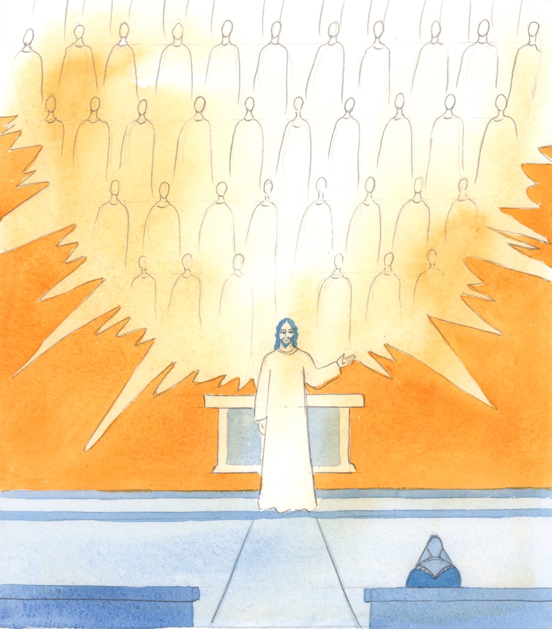 Cristo pediu-me para esquecer os meus pequenos defeitos e para me alegrar com a maravilhosa companhia dos Santos, 2005 (aguarela sobre papel) de Elizabeth Wang