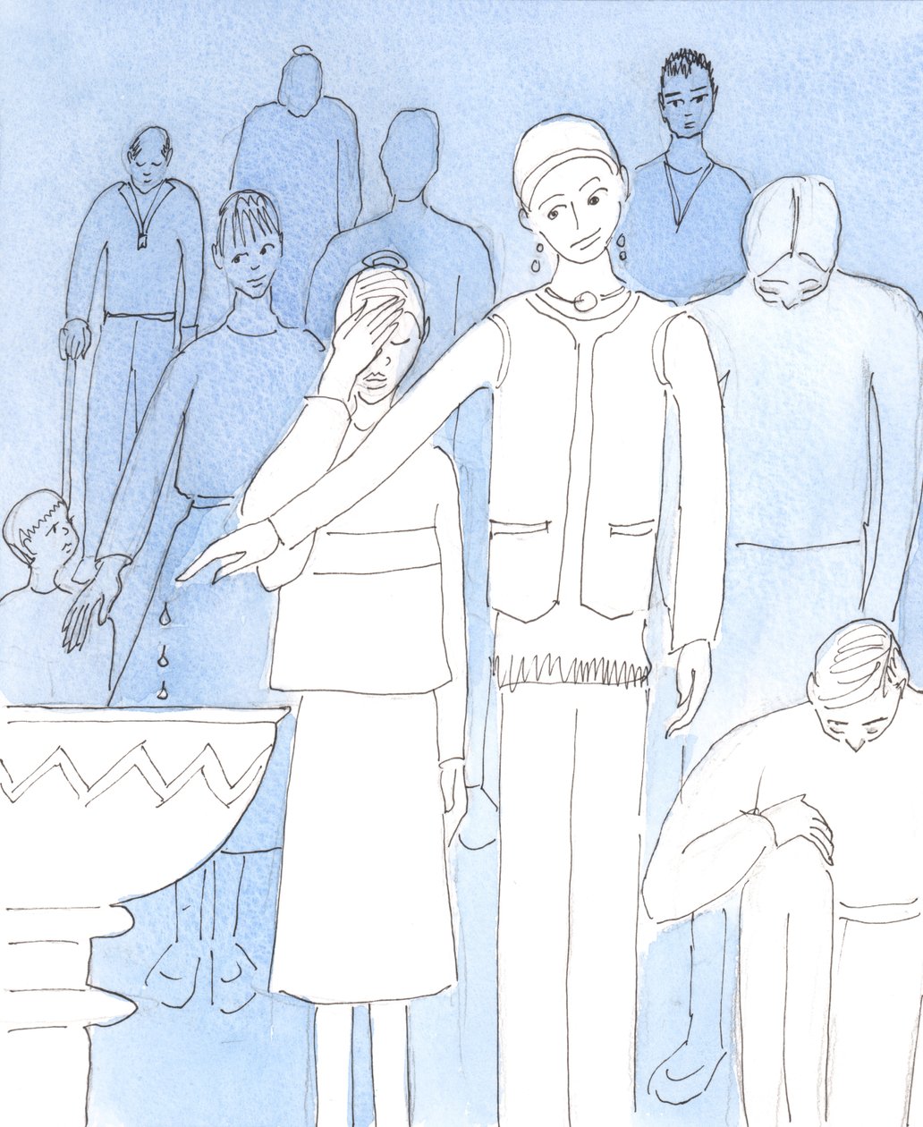 Cristo nos pede para realizar uma reavaliação fundamental de nossas atitudes e ações atuais a respeito de reverência para com Ele, 2004 (w - c no papel) de Elizabeth Wang