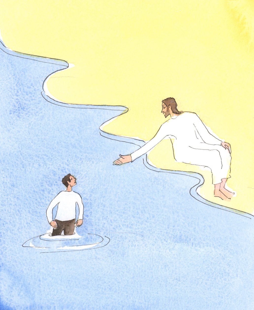 Cristo estende a mão, o tempo todo, para resgatar as pessoas de caminhos pecaminosos, 2004 (w - c no papel) de Elizabeth Wang