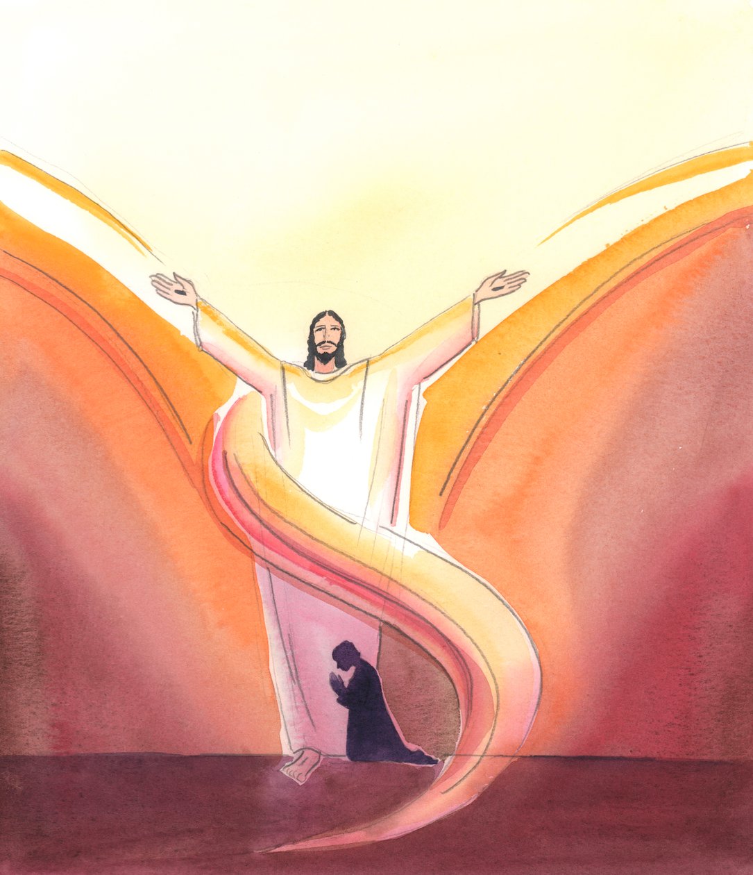 Cristo está realmente presente no tabernáculo, constantemente orando por nós, Seus braços estendidos em oração ao Pai lá em cima, a Quem Cristo vê habitar na glória que ainda não podemos ver, 2000 ( de Elizabeth Wang