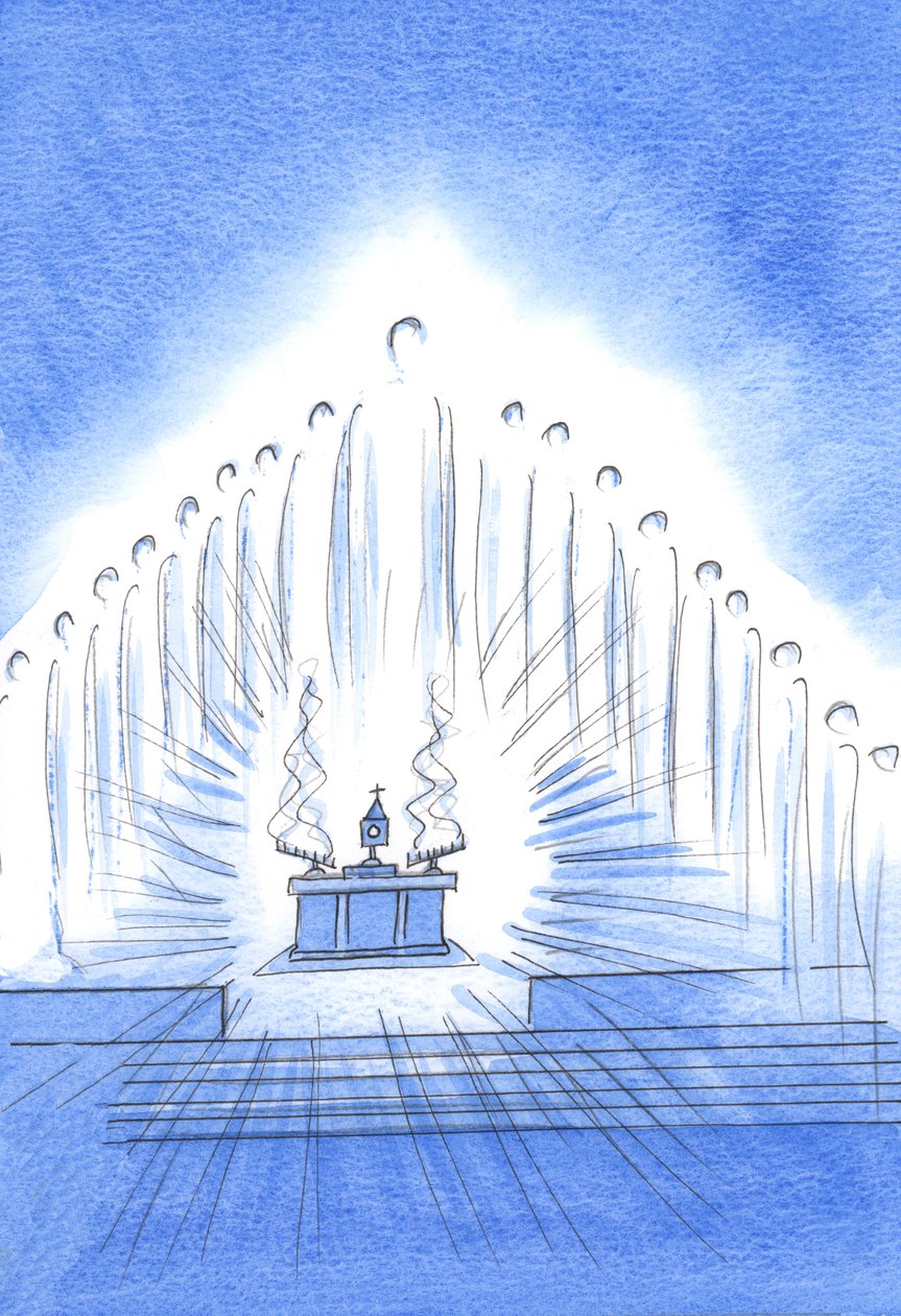 Cristo está presente com Seus Santos Anjos em nossa Novena e Benção; e Nossa Senhora se delicia com o nosso afeto descarado, 2002 (a - c no papel) de Elizabeth Wang