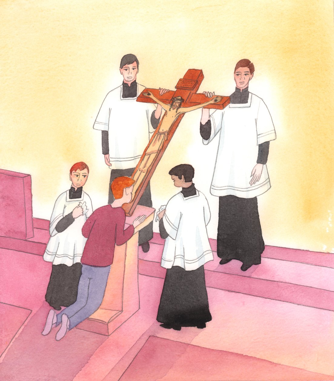 Cristo é tocado no coração por todos os sinais de devoção a Ele na Sua Paixão, que Ele suportou por amor a todos nós, 2004 (w - c no papel) de Elizabeth Wang