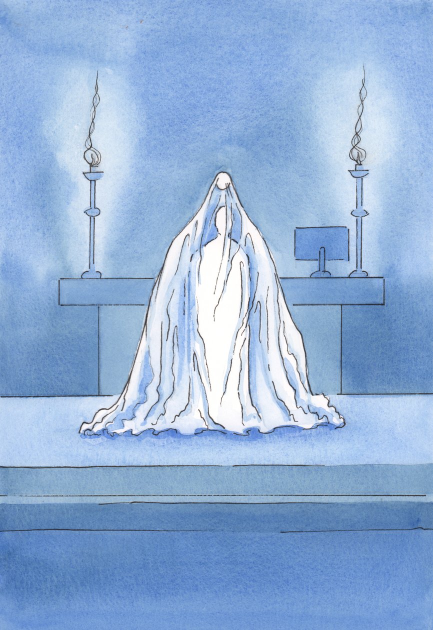 Cristo está verdadeiramente presente, mas é como se um véu O escondesse do nosso olhar., 2001 (w - c no papel) de Elizabeth Wang