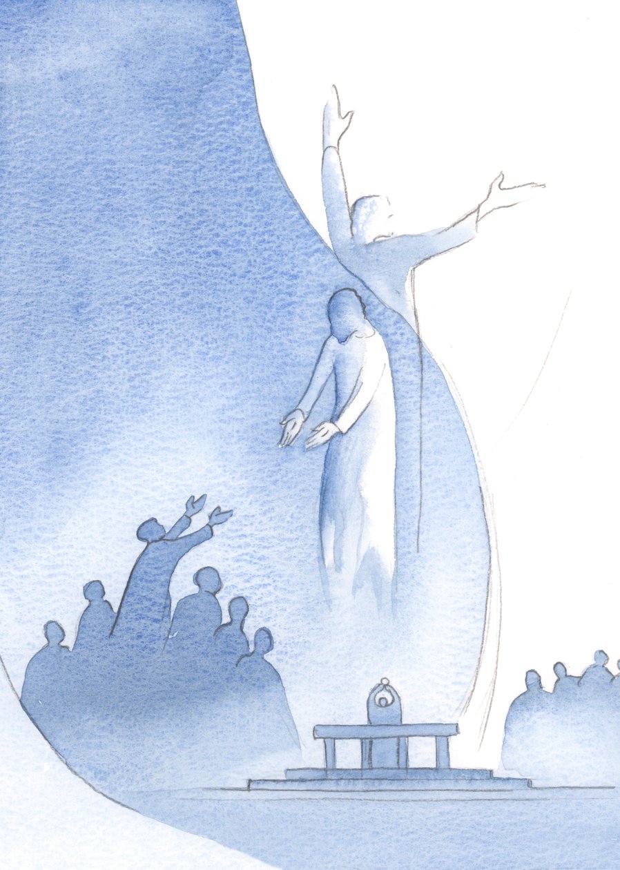 Cristo é verdadeiramente um conosco, por Sua carne e sangue, e também um com o Pai (a quem Ele nos atrai) por causa de Sua divindade., 2000 (w - c no papel) de Elizabeth Wang