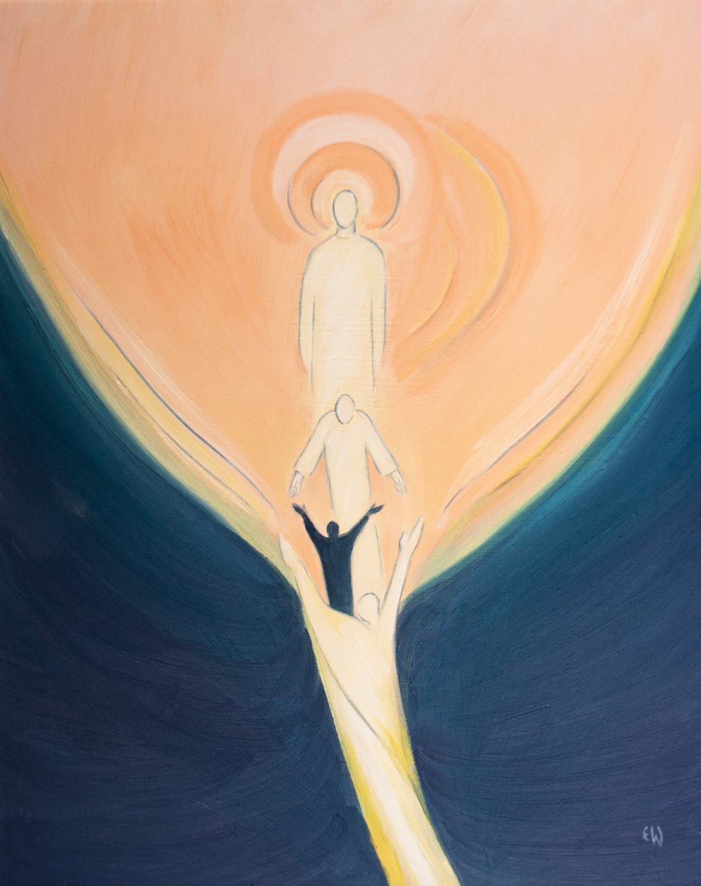 Cristo se inclina do céu e nos atrai, com a força do Espírito Santo, ao coração de Deus, 2001 (óleo a bordo) de Elizabeth Wang