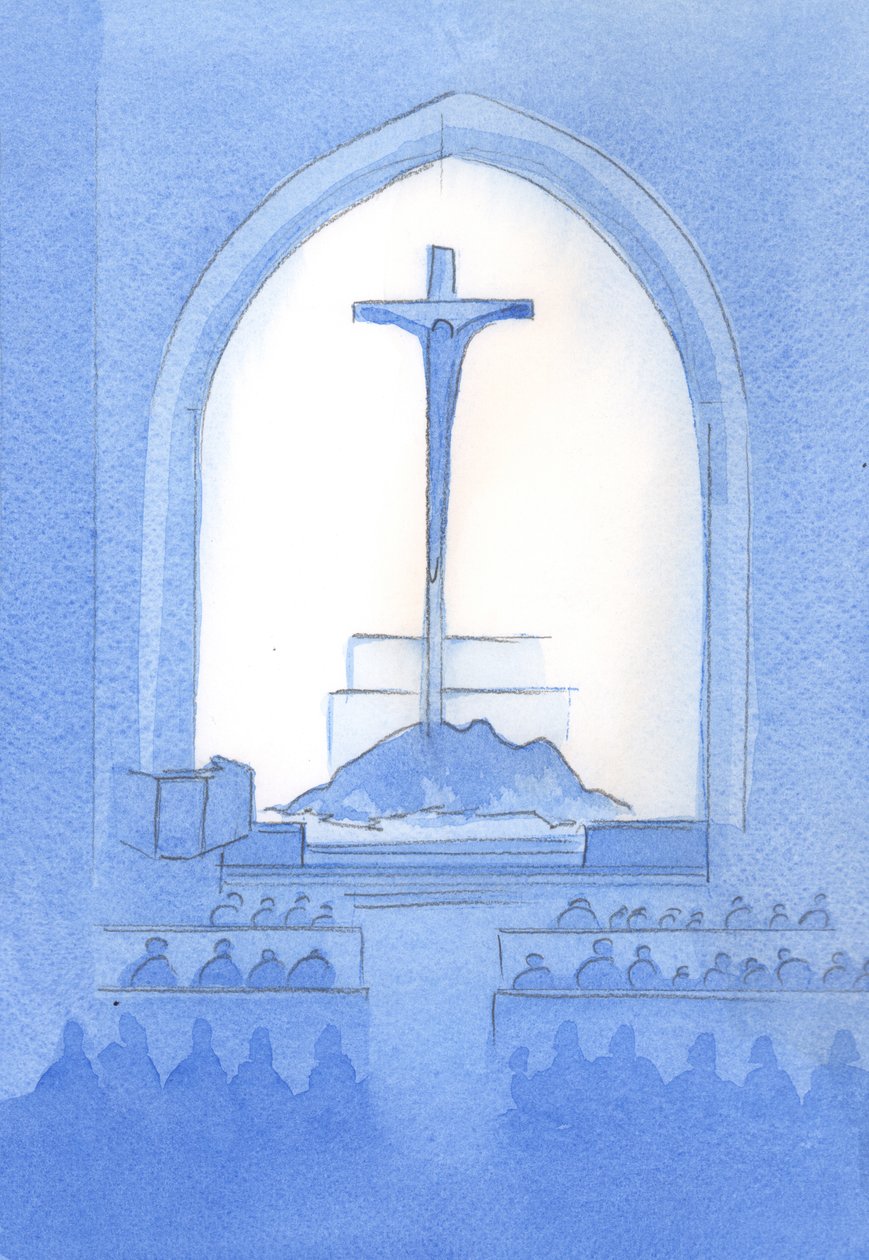 Cristo oferece do nosso santuário o mesmo Sacrifício que Ele ofereceu na cruz: uma completa auto-oferta ao Pai, 2002 (w - c no papel) de Elizabeth Wang