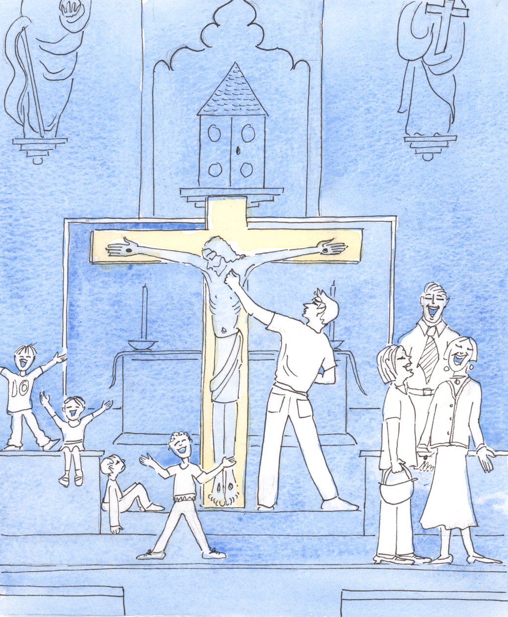 Cristo vê nosso comportamento na igreja - alguns comportamentos ruins devido à ignorância, alguns devido a descuido ou falta de amor por Ele, 2002 (w - c no papel) de Elizabeth Wang