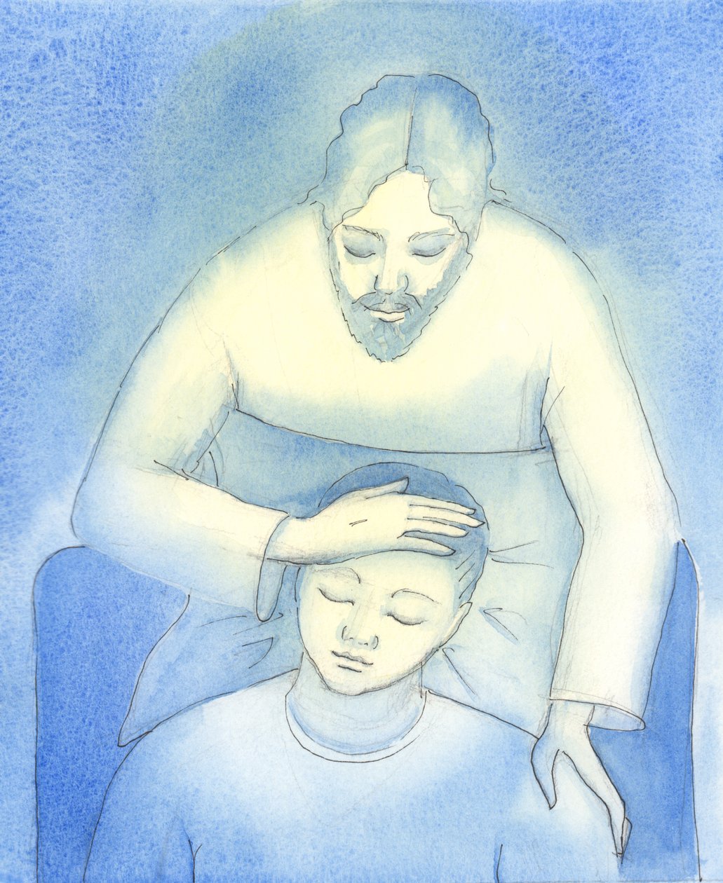 Cristo vê a nossa dor e cansaço, e vem a nós na Sagrada Comunhão para oferecer consolo e segurança, como uma mãe acariciando o cabelo de uma criança., 2004 (w - c no papel) de Elizabeth Wang